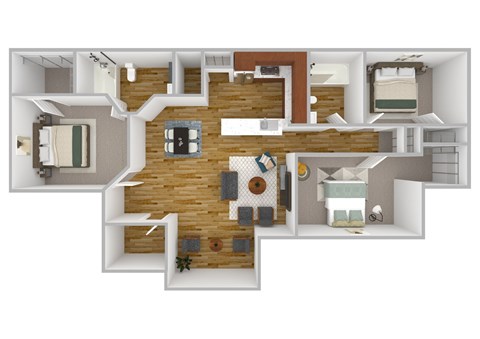 A 3D floor plan of a house with a kitchen, living room, and bedrooms.